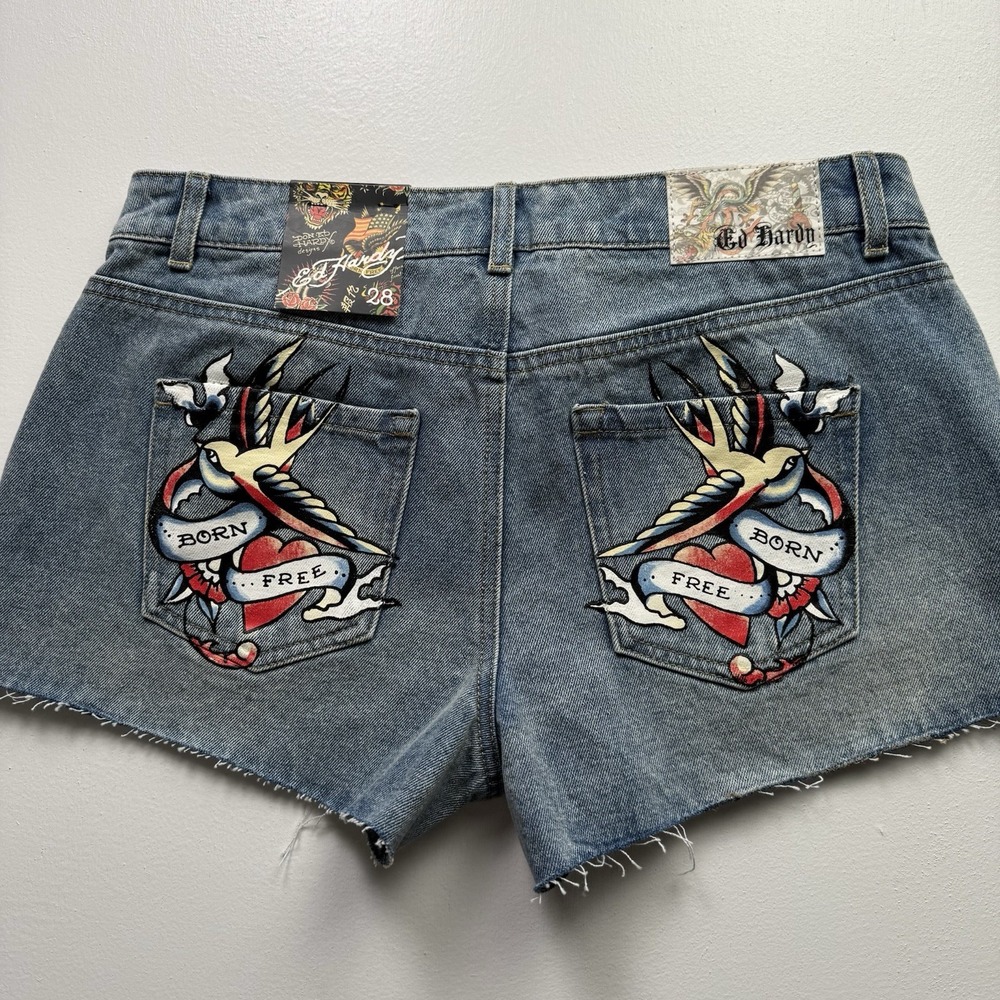 Ed Hardy Women's Bird  Denim Shorts Sz 28  Y2K Casual Logo Biker Jean Medium Was